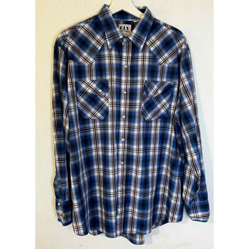 Ely Cattleman Western Plaid Pearl Snap Shirt Mens XL Blue Red White‎ Cowboy